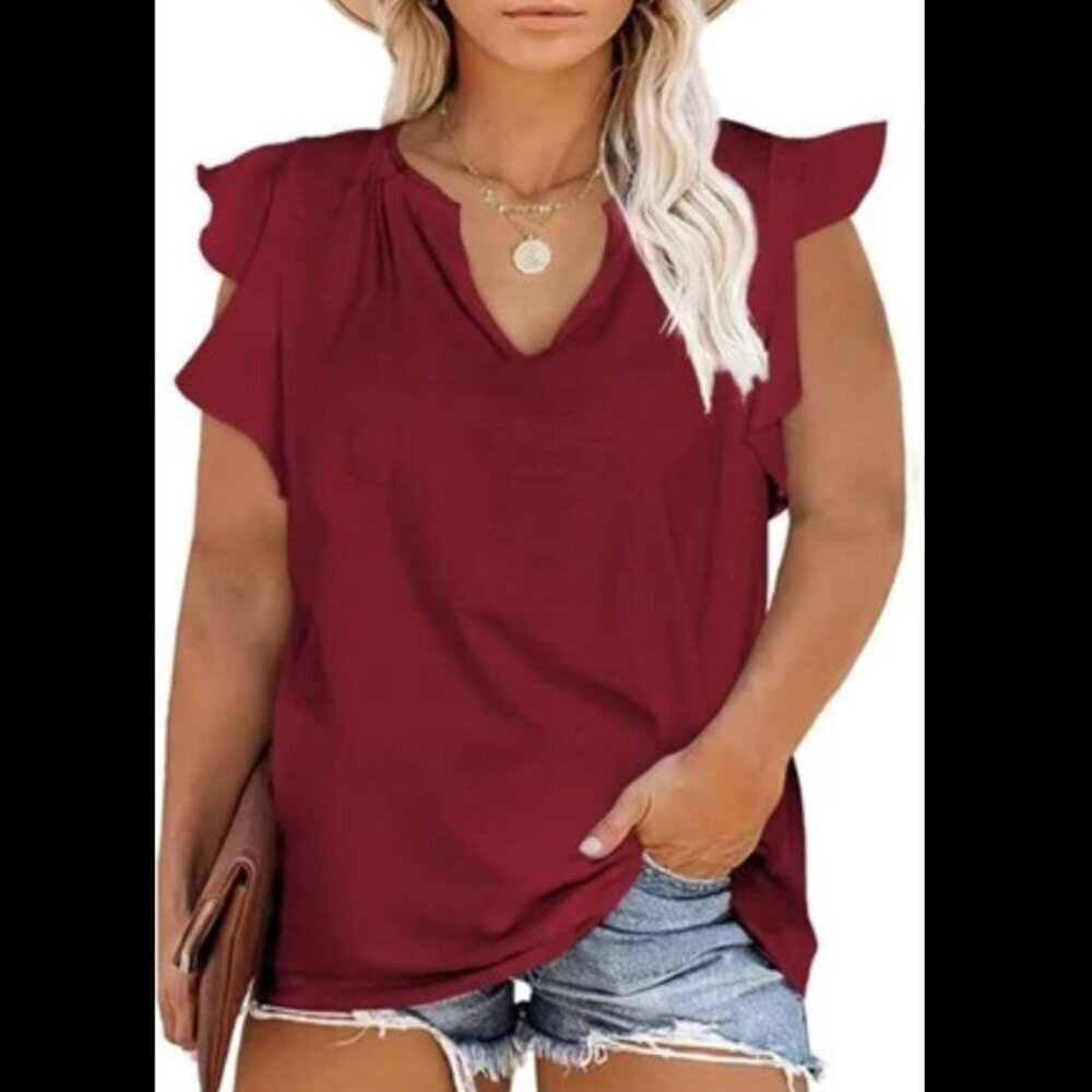 Women's V Neck Ruffle Cap Sleeve Top
